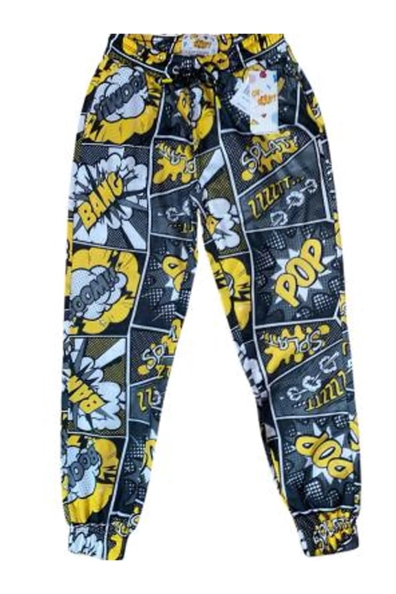 Comic Print Jogger Pants Black Yellow Pop Art Elastic Waist Streetwear Size Small