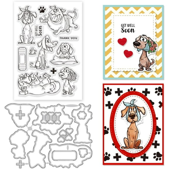 Comic Sick Dog Clear Stamps Get Well Soon Clear Stamps and Cartoon Dogs Cutting Dies Set for DIY Scrapbooking and Cards Making Decorative Photo Album Notebook Decoration