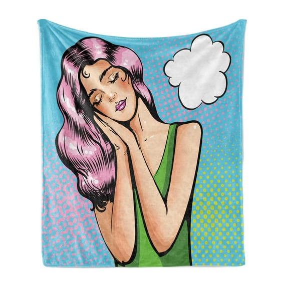 Comic Soft Flannel Fleece Throw Blanket, Young Girl Colorful Retro Design Pop Art Style Beauty Sleeping Feminine, Cozy Plush for Indoor and Outdoor Use, 50" x 70", Multicolor, by Ambesonne