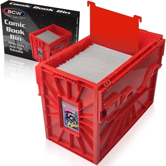 Comic Storage Bin  Stackable Acid-Free Plastic Organizer for 150 Issues  Red, Single Unit, Rectangular, Snap-Closure