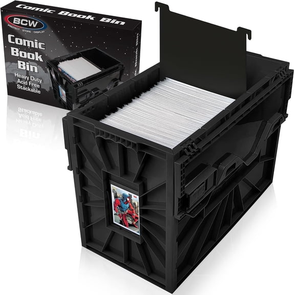 Comic Storage Box, Black Holds 150 Comics, Acid-Free Heavy-Duty Plastic, Stackable with Adjustable Partition