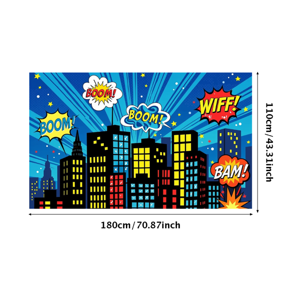 Comic Style Cityscape Background Banner with Explosion Elements Party Decorations Photo Props Backdrop for Kids Party Themed Party Cosplay Party