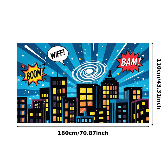 Comic Style Cityscape Background Banner with Explosion Elements Party Decorations Photo Props Backdrop for Kids Party Themed Party Cosplay Party