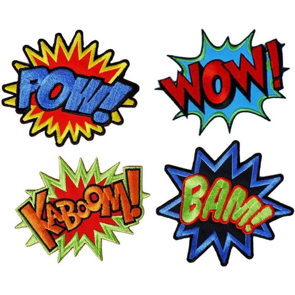 Comic Style POW! Wow! BAM! Kaboom! Superhero Boom Bang Embroidered Iron on Patch Pow Wow Kaboom Sound Effect Backpack Cartoon Jean Jacket Camping Adventure Cute