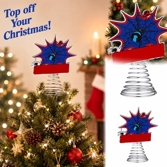 Comic Style Superhero Web Spiral Christmas Tree Topper with Spring Base and Action Graphic for Holiday Decor