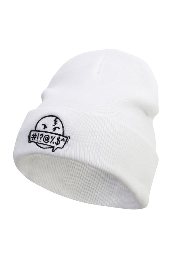 Comic Swear Emoji Embroidered 12 Inch Long Knitted Beanie - White OSFM