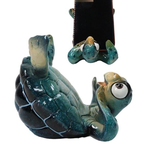 Comical Blue Shelled Sea Turtle On Back Flip Cell Phone Holder Stand Figurine
