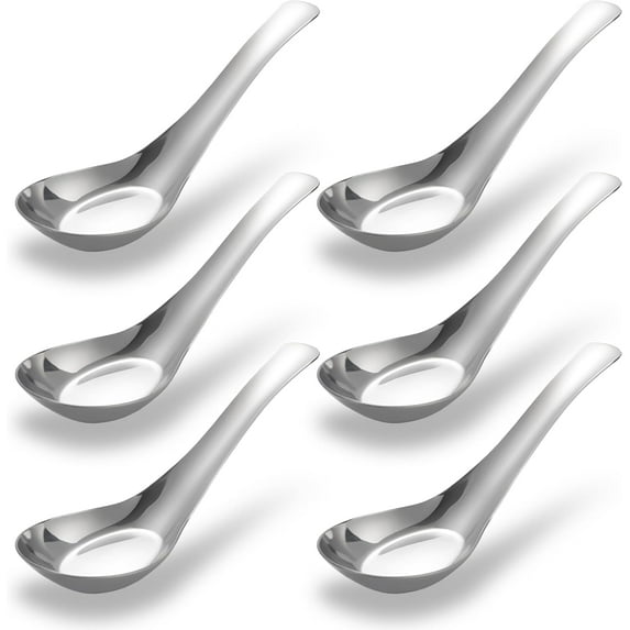 Comicfs Soup Spoons Set of 6, 304 Stainless Steel Dinner Spoons Asian Soup Spoons Mirror Polished Chinese Soup Spoon for Bouillon Rice Dumpling Pho Dessert Cereal Thai Miso Ramen (6 Spoons, Large)