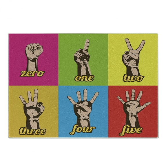 Comics Cutting Board, Collage of Colored Hands Showing Numbers Modern Style Teenage Art, Decorative Tempered Glass Cutting and Serving Board, Small Size, Yellow Green, by Ambesonne