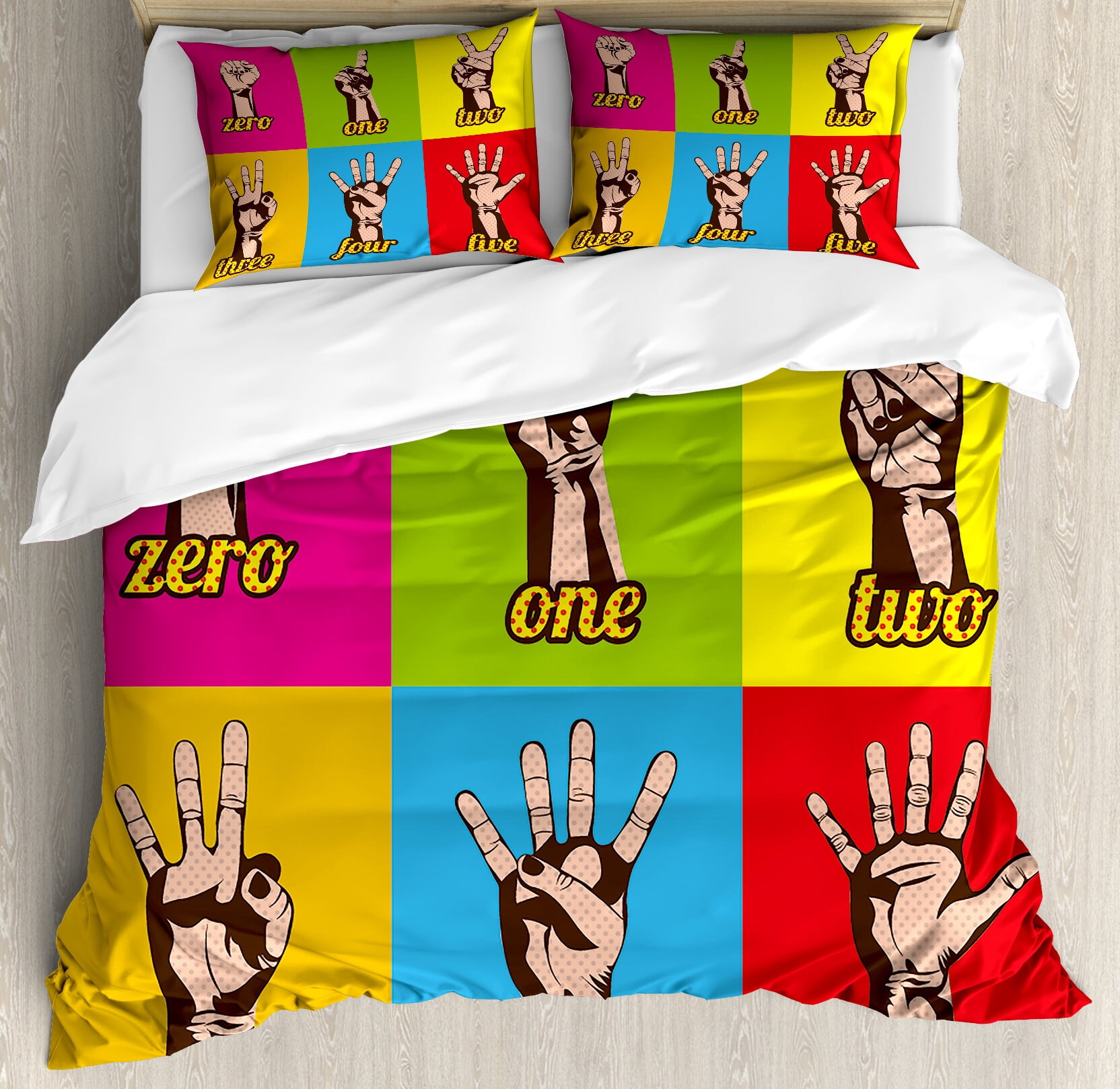 Numbers Bedding Comics Duvet Cover Set, Collage of Colored Hands Showing Numbers Modern ...