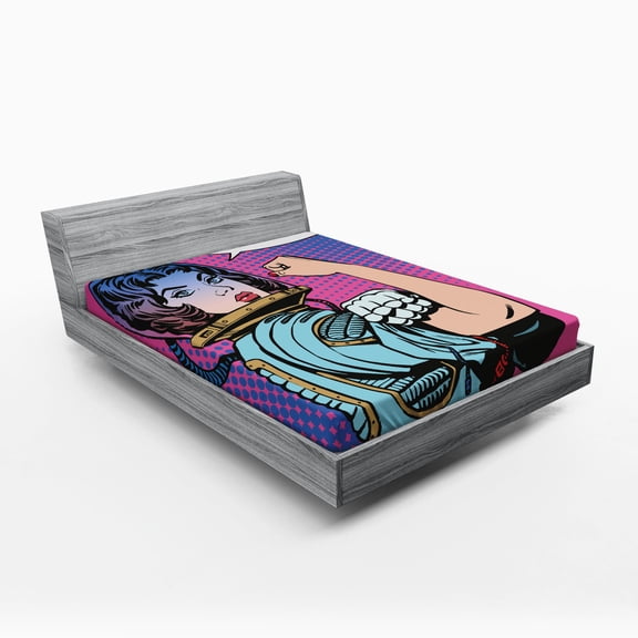 Comics Fitted Sheet, Retro 50s 40s Comics Magazine Woman with Woman Rights Image Artwork, Soft Decorative Fabric Bedding, Queen Size, Multicolor, by Ambesonne