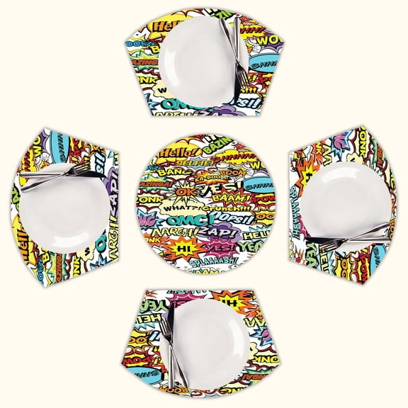 Comics Pop Art Round Table Placemats Set Of 5 Wedge Table Mats Washable Heat Resistant Place Mat For Dining Table Kitchen Farmhouse Restaurant