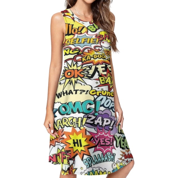Comics Pop Art Spring Summer Dresses for Women Fashion T-shirt Dress Casual Sleeveless Loose Sundress with Pockets