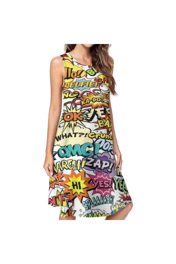 Comics Pop Art Spring Summer Dresses for Women Fashion T-shirt Dress Casual Sleeveless Loose Sundress with Pockets