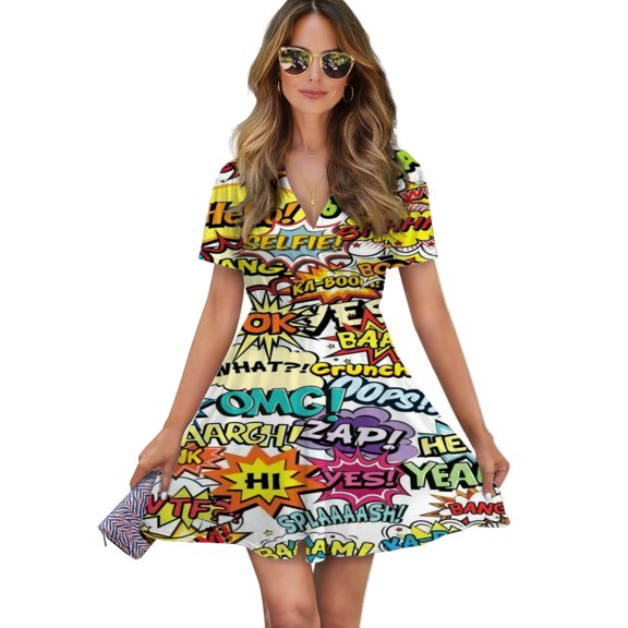 Comics Pop Art Women Dress V-Neck Short Sleeve Flowy Swing Party Midi Dress