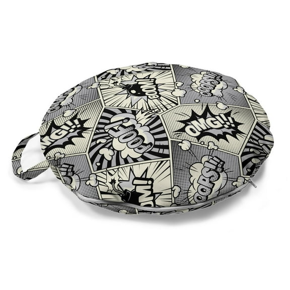 Comics Round Floor Cushion with Handle, Bubbly Poof Boom Omg Bubbly Calligraphy Design in Clouds Smoke Burst, Pillow for Living Room & Dorms, 18" Round, Dark Night Blue Eggshell, by Ambesonne