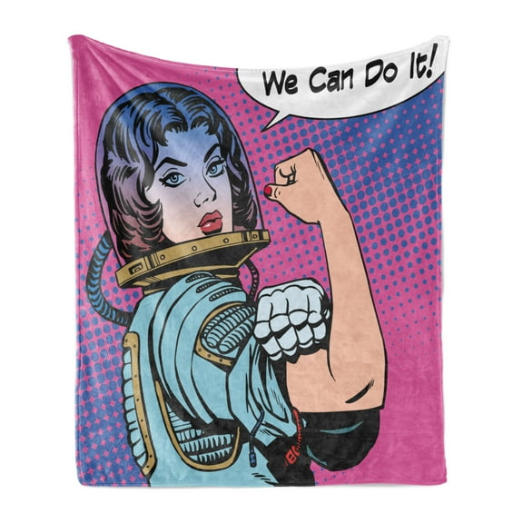 Comics Soft Flannel Fleece Throw Blanket, Retro 50s 40s Comics Magazine Woman with Woman Rights Image Artwork, Cozy Plush for Indoor and Outdoor Use, 50" x 60", Multicolor, by Ambesonne