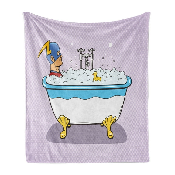 Comics Soft Flannel Fleece Throw Blanket, Superhero Fast Furious Relaxing in Bubble Bath Rubber Duck Art Print, Cozy Plush for Indoor and Outdoor Use, 50" x 60", Multicolor, by Ambesonne