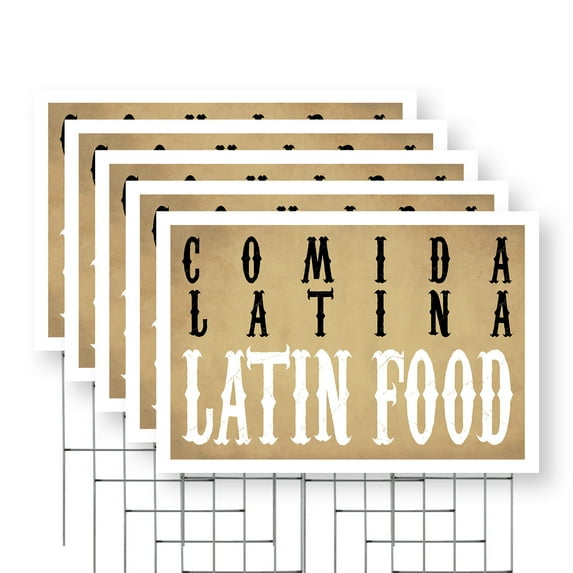 Comida Latina Latin Food Yard Sign 5 Pack of 24 Inch x 36 Inch Single Sided Weatherproof Heavy-Duty Plastic with Stake | Authentic Cuisine, Spanish Restaurants, Food Stalls | Made in