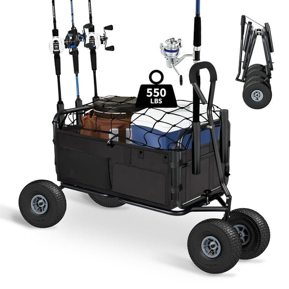 BETISEF Collapsible Fishing Cart w/11 All-Terrain Wheels for Sand,550lb Large Capacity Beach Wagon Heavy Duty Garden Cart with Rod Holders,Umbrella Holder and Storage Pockets