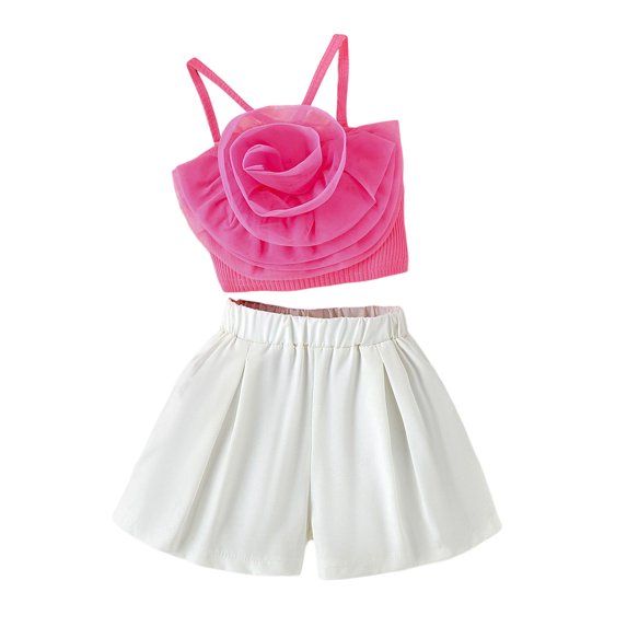 Coming Home Outfit Girl Kids Cotton Solid Color Suspender Sleeveless Floral Top Shorts 2Pcs Set Girl Baby Clothes Red 3 Years-4 Years