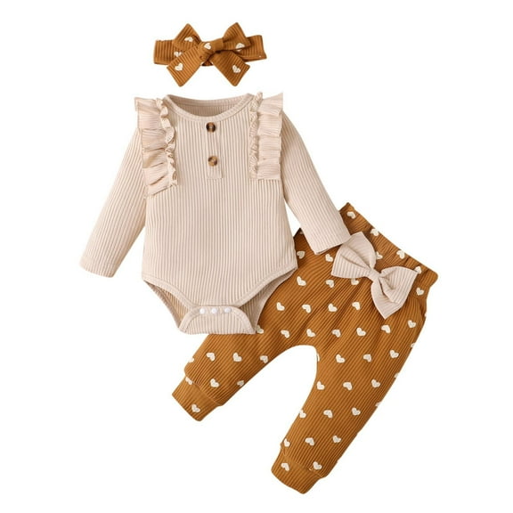 Coming Home Outfit Girl Newborn Fall 3 Piece Cotton Knit Clothing Set Ruffle Sleeve Ribbed Romper Printed Pants with Headband, Khaki, 12 Months