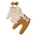 thumbnail image 1 of Coming Home Outfit Girl Newborn Fall 3 Piece Cotton Knit Clothing Set Ruffle Sleeve Ribbed Romper Printed Pants with Headband, Khaki, 9 Months, 1 of 7