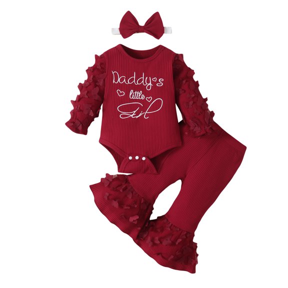 Coming Home Outfit Girl Newborn Fall 3 Piece Cotton Knit Cute Clothes Set Butterfly Ribbed Romper Flare Pants Headband, Wine, 0 Months