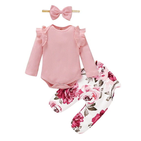 Coming Home Outfit Girl Newborn Fall 3 Piece Knit Pants Set Ruffle Hem Ribbed Romper Floral Trousers with Headband, Pink, 12 Months