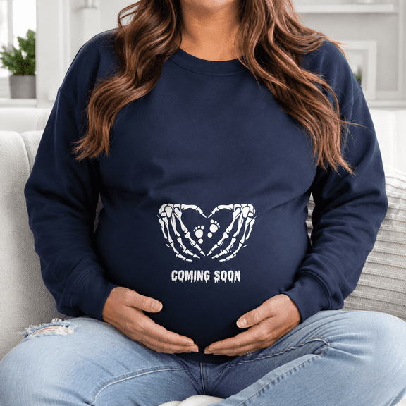 Coming Soon Skeleton Hands Heart Pregnancy Halloween Graphic Crewneck Sweatshirt, Unisex Fit