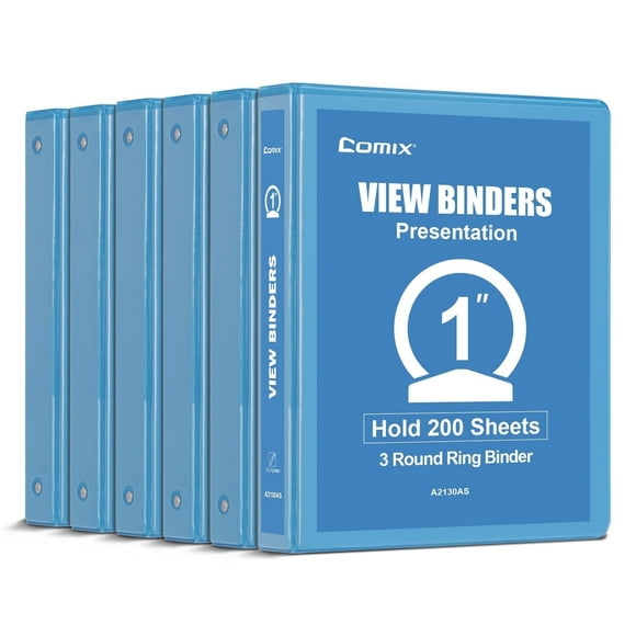Comix 1 inch 3 Ring Binder, Round Ring, 200-sheet Capacity, 6 Pack Light Blue