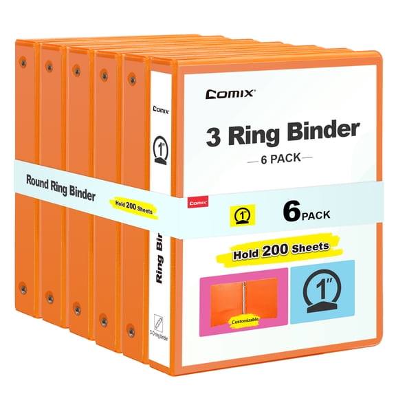 Comix 1 inch 3 Ring Binder, Round Ring 200-sheet Capacity, 6 Pack Orange