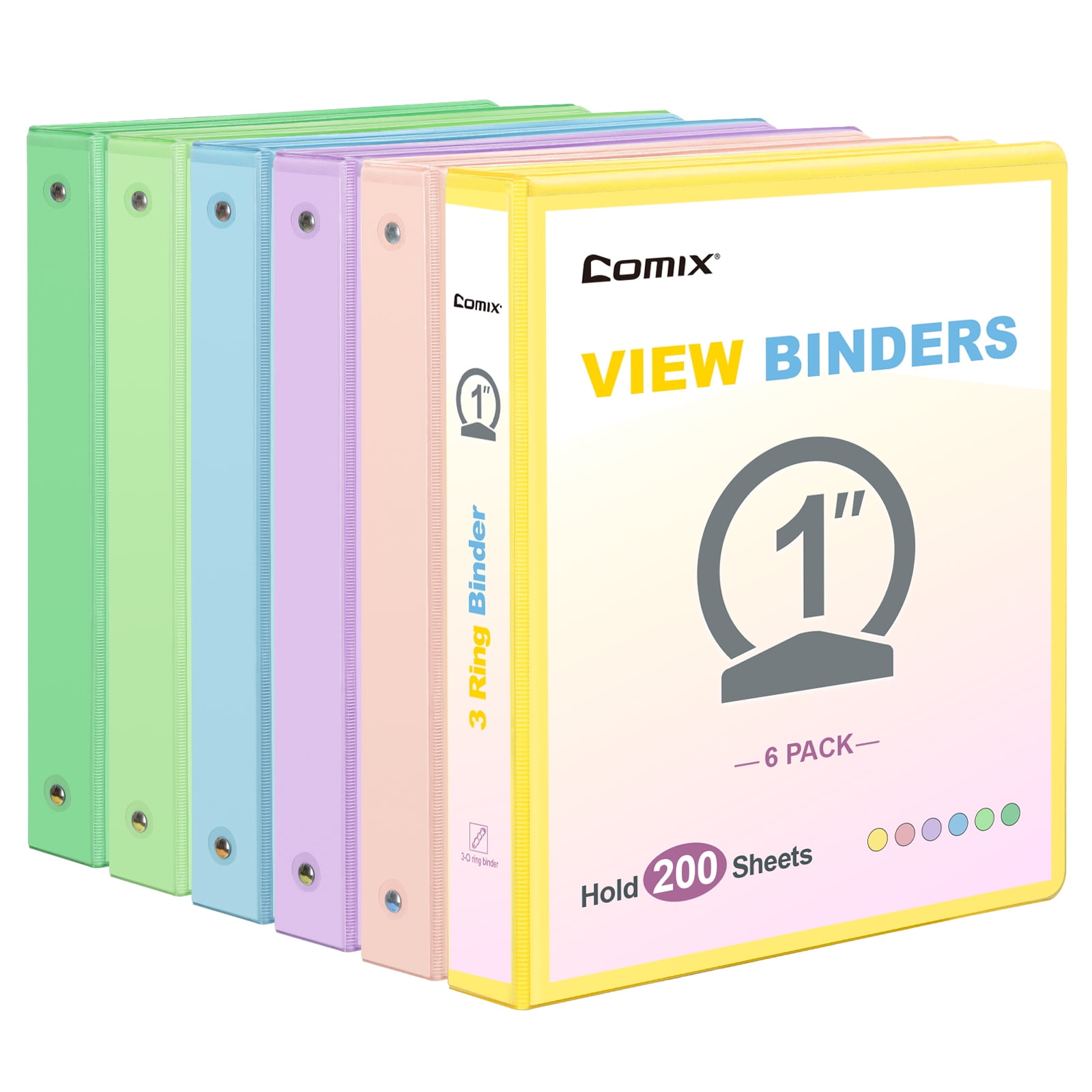 Comix 1 inch 3 ring Binder 6 Pack, Round Ring, 200 Sheets Capacity Pastel Color Assorted For Office School Home