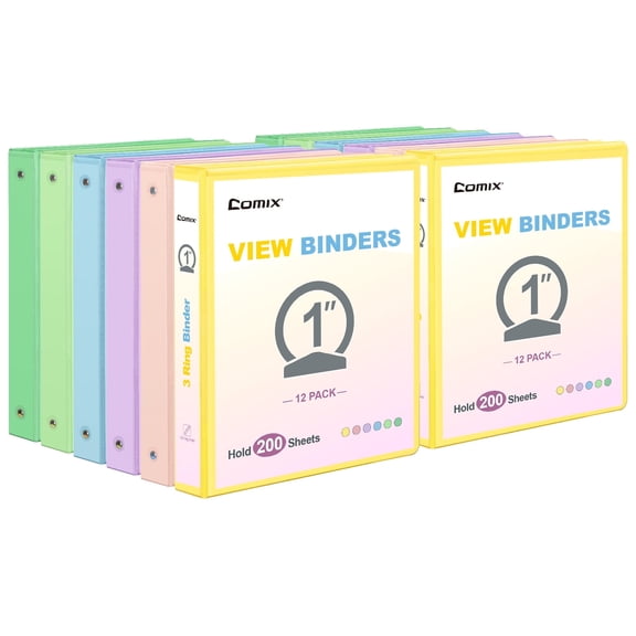 Comix 1 inch 3-ring Binder, Round Ring, 200 Sheets Capacity, 12 Pack Assorted Pastel Color