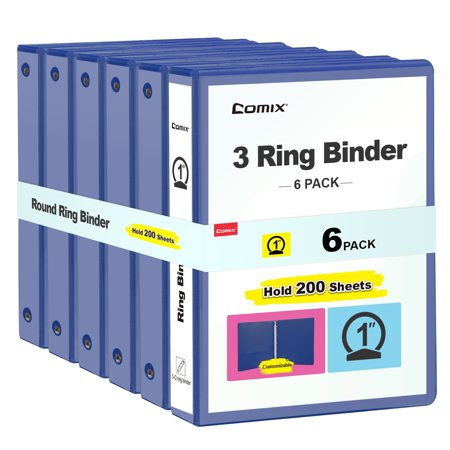 Comix 1 inch 3-ring Binder,Round Ring, 200 Sheets Capacity, 6 Pack Blue