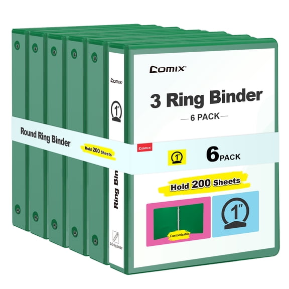 Comix 1 inch 3-ring Binder,Round Ring,200 Sheets Capacity,6 Pack Green