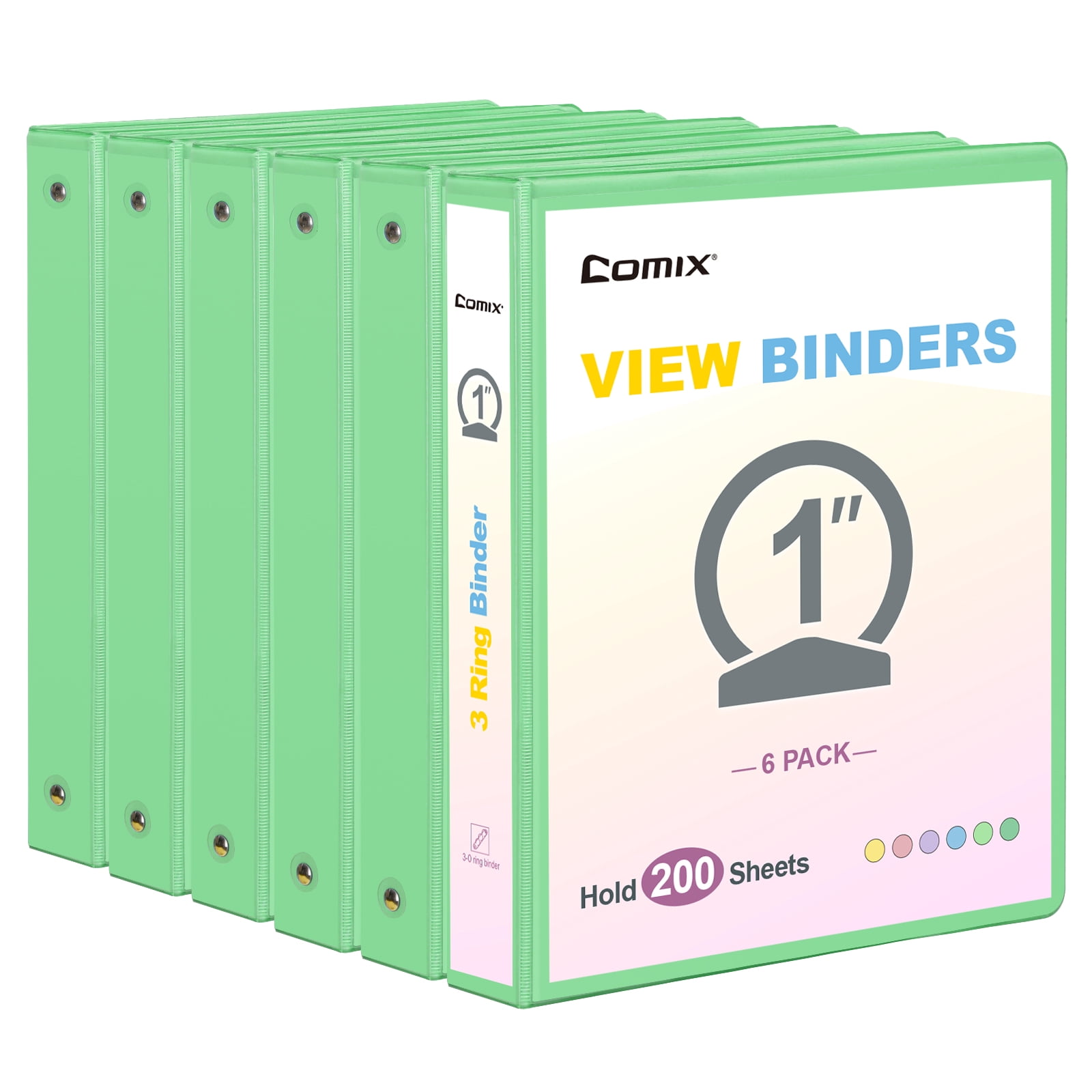Comix 1 inch 3-ring Binder,Round Ring, 200 Sheets Capacity, 6 Pack Green