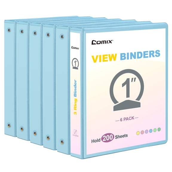 Comix 1 inch 3-ring Binder, Round Ring, 200 Sheets Capacity, 6 Pack Light Blue