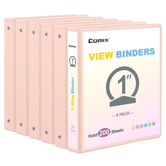 Comix 1 inch 3-ring Binder,Round Ring, 200 Sheets Capacity, 6 Pack Light Pink