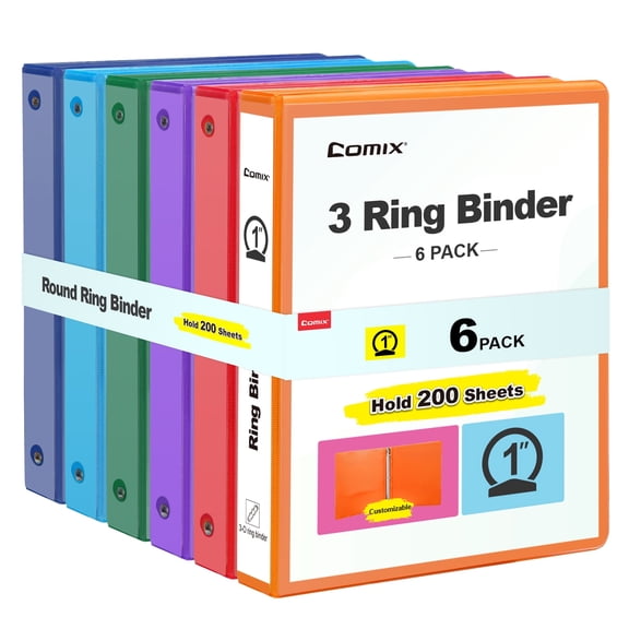 Comix 1 inch 3-ring Binder, Round Ring, 200-sheet Capacity 6 Pack Assorted Color