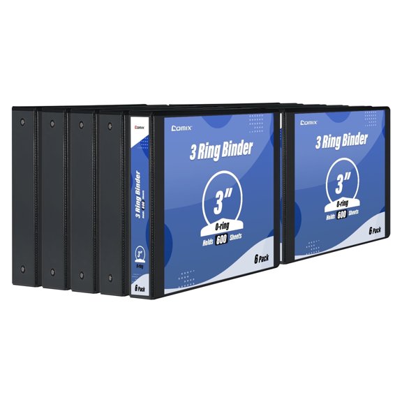 Comix Premium 3-inch Round Ring Binders, 3-Ring with Clear Cover, Holds 600 Sheets, 10 Pack Black