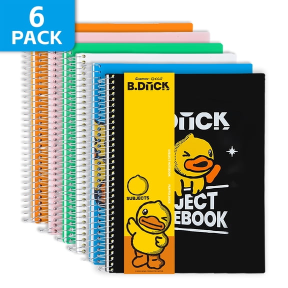 Comix 1 Subject Notebook,6-Pack College Ruled Spiral Notebook with Pocket Dividers 11"x 8.5", 70 Sheets, Assoted colors