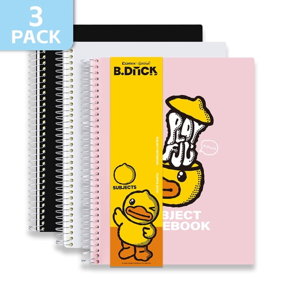 Comix 5 Subject Notebook,3-Pack College Ruled Spiral Notebook with Pocket Dividers 11"x 8.5", 200 Sheets,Black White Pink