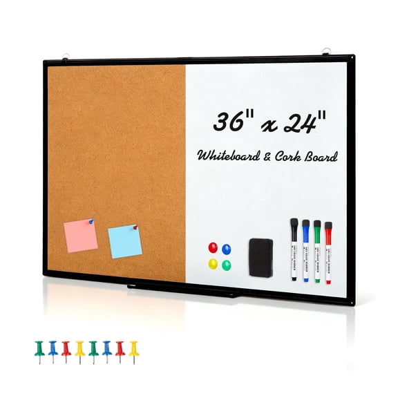 Comix 36"x24" Cork Dry Erase Board Combo, Magnetic Combination Whiteboard for Wall with Markers, Eraser and Magnets, Home Office School