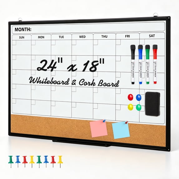 Comix Cork Dry Erase Calendar Board 24"x18" Magnetic Combination Whiteboard Combo for Wall with Markers, Eraser,Magnets,School Home Office