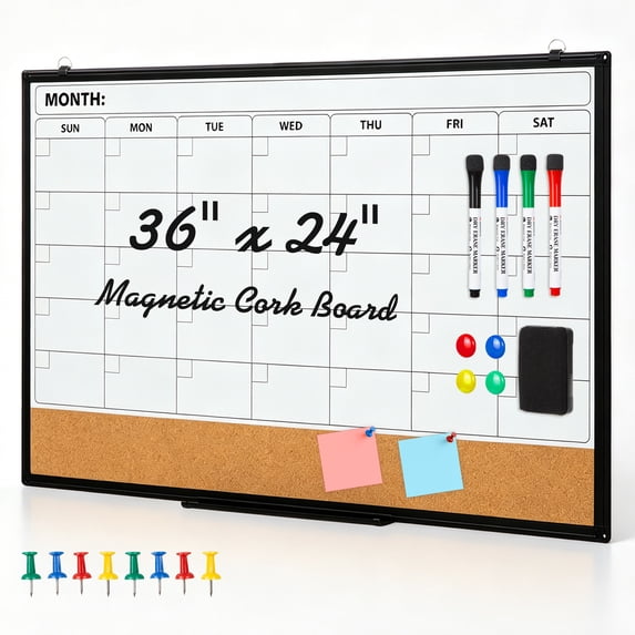 Comix Cork Dry Erase Calendar Board 36"x24" Magnetic Combination Whiteboard Combo for Wall with Markers, Eraser, Magnets, School Home Office