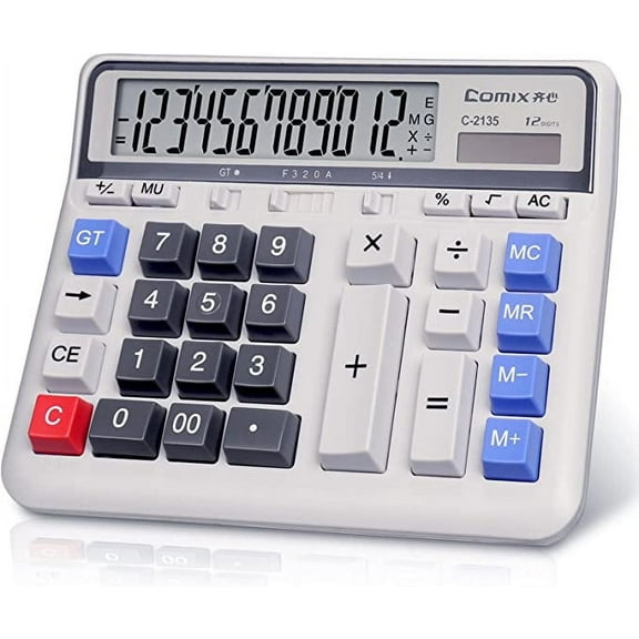 Comix 12-Digit Desktop Calculator, Solar Battery Dual Power, Large LCD Display and Large Computer Keys, For Office Home School White