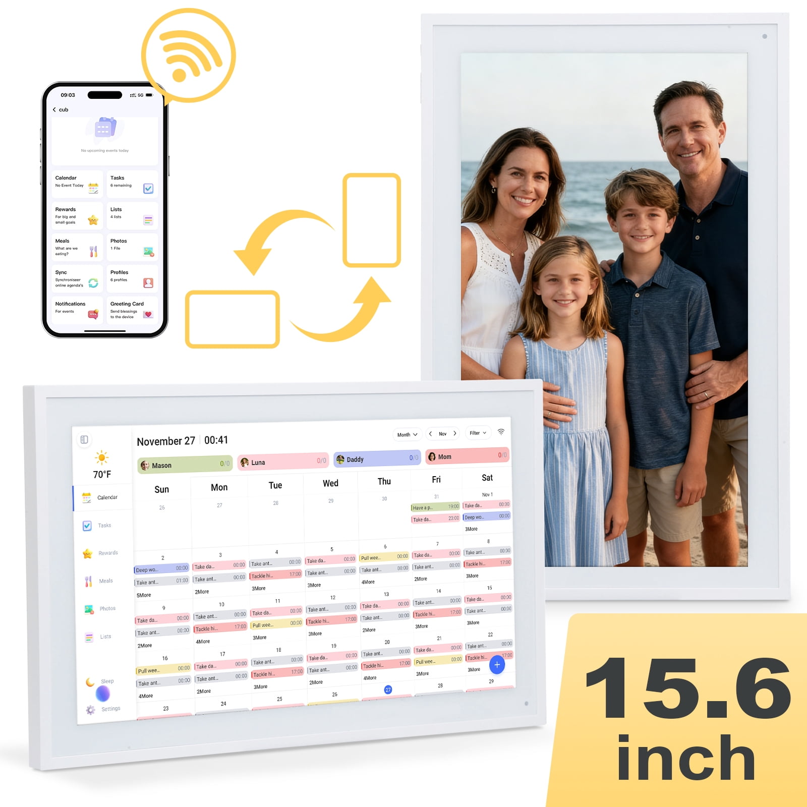 Comix Digital Calendar, 15.6 Inch IPS HD Smart Chore Char, Digital Calendar for Family Schedules, Wall & Desk- White