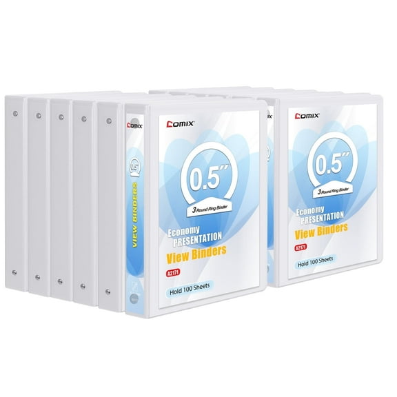 Comix Premium 1/2 inch Three Ring Binder, 0.5" O-ring, 100-Sheet Capacity,School Supplies, 12 Pack White