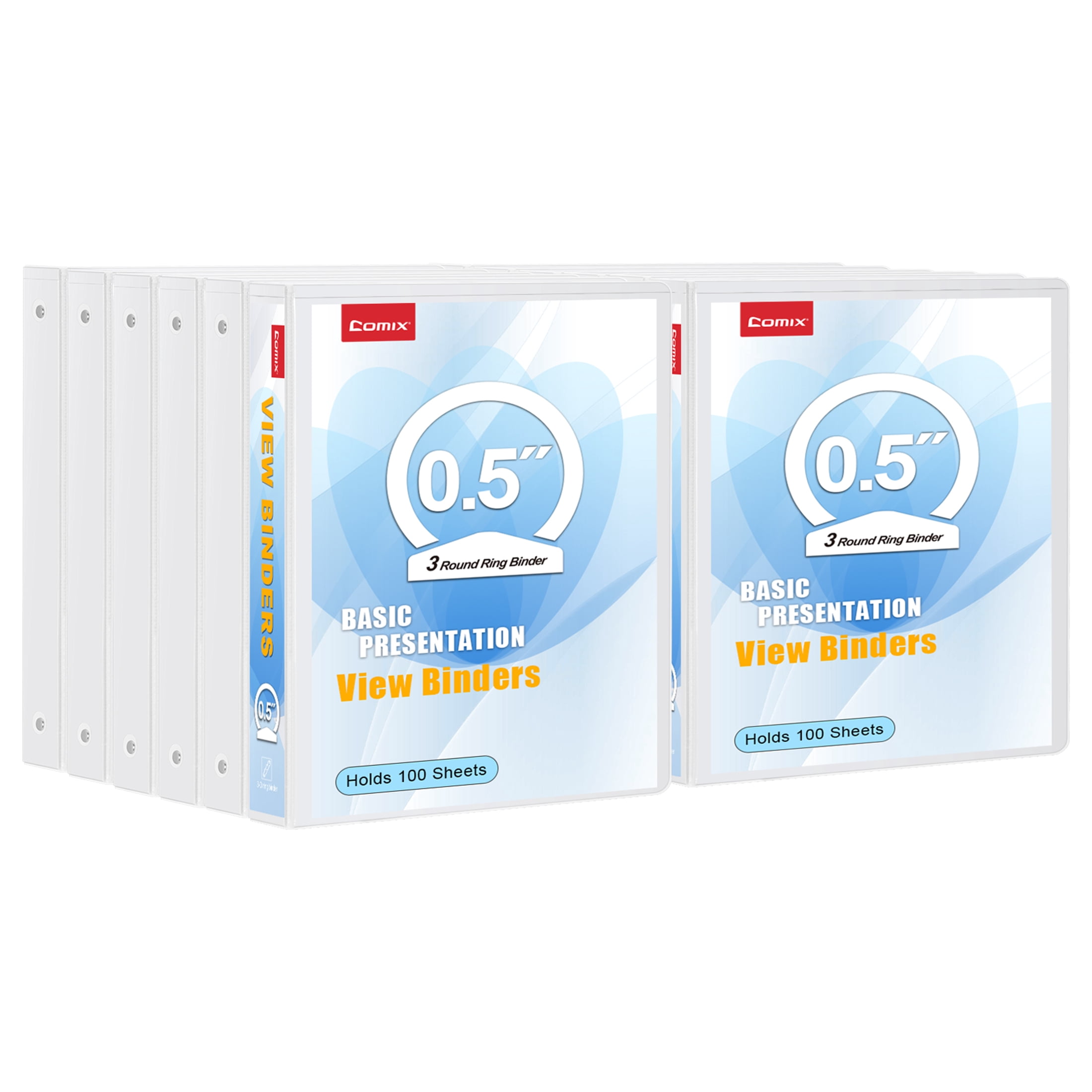 Comix Basic 1/2 inch Binders , 0.5" O-ring, 100-Sheet Capacity, School Supplies, 12 Pack White